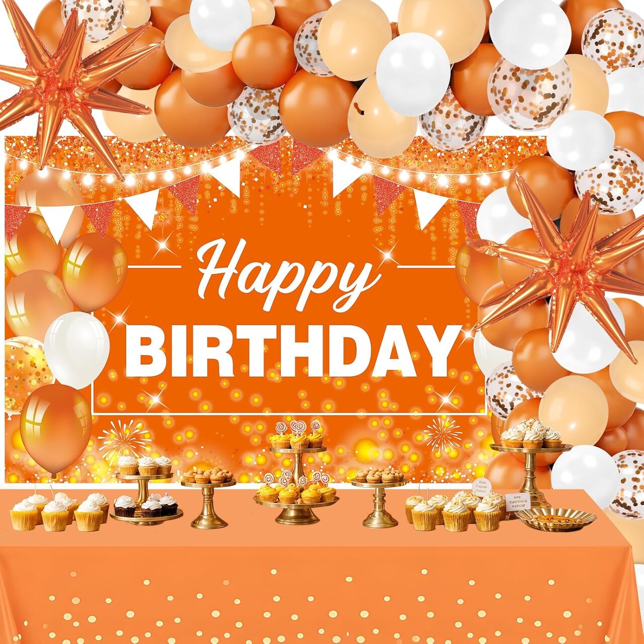 62pcs Orange Birthday Decorations Orange Happy Birthday Banner Balloons